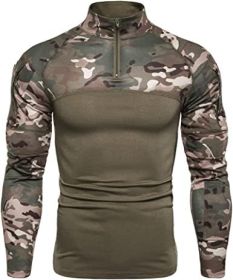 Men's Casual Camouflage T-Shirts Splicing Craft Slim Fit Shirts Zipper Neckline Long Sleeve T-Shirts (Specification: Green-XXL)