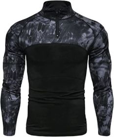 Men's Casual Camouflage T-Shirts Splicing Craft Slim Fit Shirts Zipper Neckline Long Sleeve T-Shirts (Specification: Black-XXL)