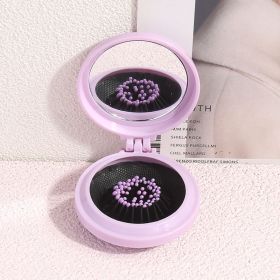 2-in-1 Folding Air Cushion Mini Comb With Mirror; Round Compact Massage Comb For Purse (Color: Purple)