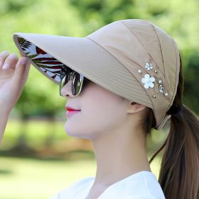Wide Brim Sun Visor Foldable Picnic Hat Beach UV Protection Scallop Cap For Outdoor With Faux Pearl & Flower; Women's Hat & Caps (Color: 3# Khaki)