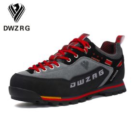 DWZRG Waterproof Hiking Shoes Mountain Climbing Shoes Outdoor Hiking Boots Trekking Sport Sneakers Men Hunting Trekking (Color: Gray Red)