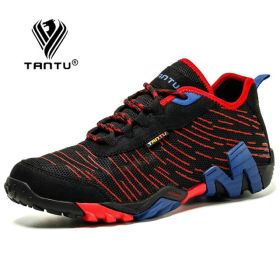 TANTU Mesh+Suede New Arrival Climbing Hunting Shoes Camping Breathable Hiking Men Shoes Non-Slip Outdoor Plus Size 39~46 (Color: Black Red)