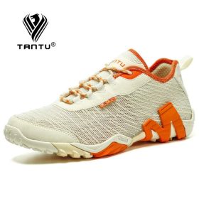 TANTU Mesh+Suede New Arrival Climbing Hunting Shoes Camping Breathable Hiking Men Shoes Non-Slip Outdoor Plus Size 39~46 (Color: Beige Orange)