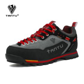 TANTU Waterproof Hiking Shoes Mountain Climbing Shoes Outdoor Hiking Boots Trekking Sport Sneakers Men Hunting Trekking (Color: Gray Red)