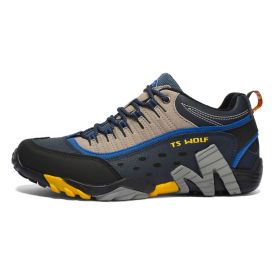 Outdoor Lover Trekking Shoes Men Waterproof Hiking Shoes Mountain Boots Genuine Leather Woodland Hunting Tactical Shoes (Color: Men-Dark blue-Yellow)