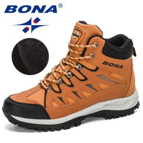 BONA 2022 New Designers Nubuck Mountain Climbing Shoes Men Plush Quality Outdoor Trekking Shoes Man Sneakers Hunting Boots Comfy (Color: Light brown black)