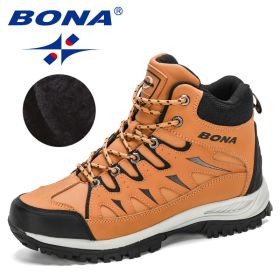 BONA 2022 New Designers Nubuck Mountain Climbing Shoes Men Plush Quality Outdoor Trekking Shoes Man Sneakers Hunting Boots Comfy (Color: Earth yellow black)