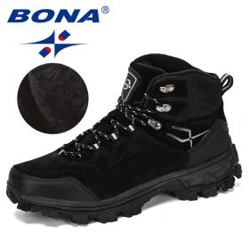 BONA New Designers Genuine Leather Hiking Shoes Winter Sneakers Men Mountain Man Tactical Hunting Footwear Plush Warm Shoes (Color: Black silver gray)
