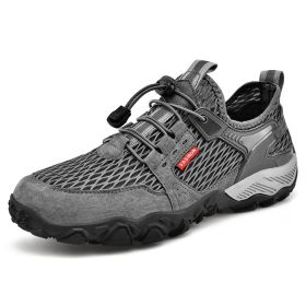 Men's Summer Leather Breathable Outdoor Sports Casual Shoes Non-slip Soft-soled Mesh Surface Hiking Shoes (Option: Gray-44)